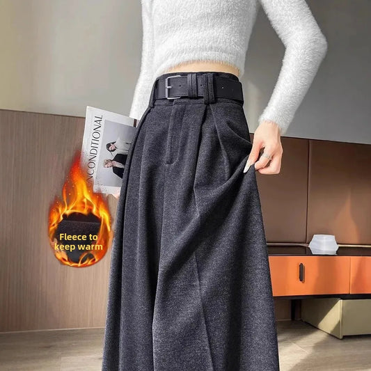 Thickened Fleece-Lined Grey Woolen Bell Bottoms Women's Korean Style Fashionable Autumn/Winter High-Waisted Slimming Straight-Le