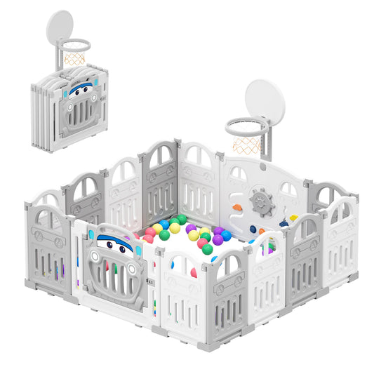 UBRAVOO Foldable Baby Playpen with Basketball Hoop & 50Pcs Coloured Pit Balls,  Toddler and Baby Play pen  fence, 14-Panel