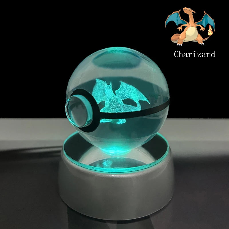 Pokemon Crystal Ball 3D Pikachu Anime Gengar Mew Mewtwo Lamp Base Pokeball Crystal Pokemon Glass Ball Figure Led Night Light