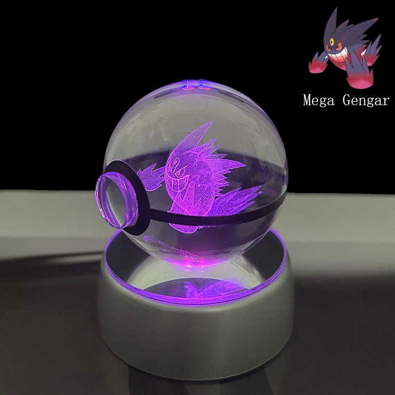 Pokemon Crystal Ball 3D Pikachu Anime Gengar Mew Mewtwo Lamp Base Pokeball Crystal Pokemon Glass Ball Figure Led Night Light
