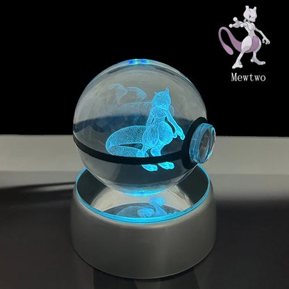 Pokemon Crystal Ball 3D Pikachu Anime Gengar Mew Mewtwo Lamp Base Pokeball Crystal Pokemon Glass Ball Figure Led Night Light