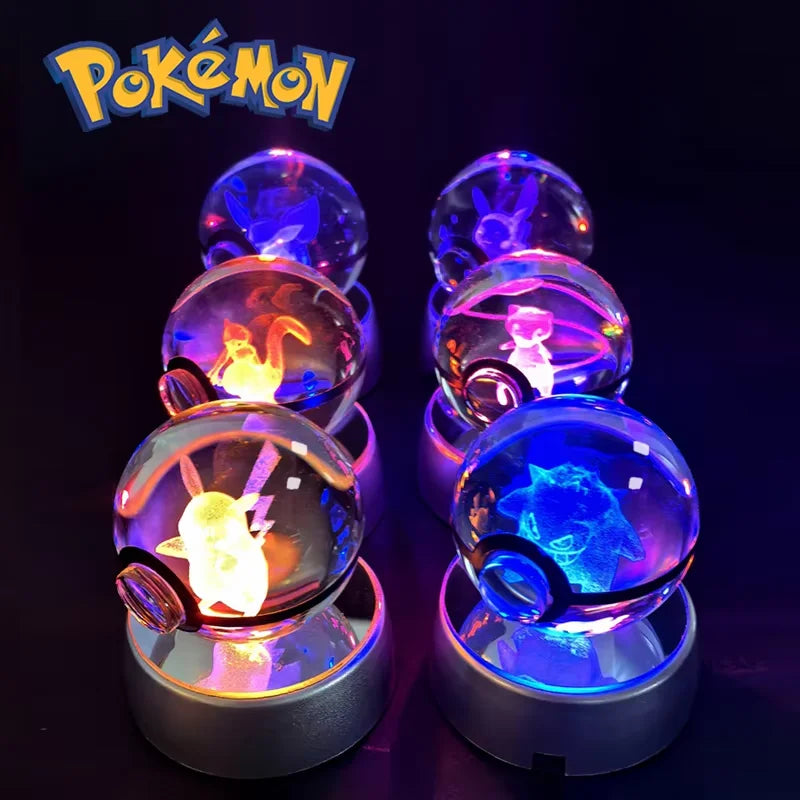 Pokemon Crystal Ball 3D Pikachu Anime Gengar Mew Mewtwo Lamp Base Pokeball Crystal Pokemon Glass Ball Figure Led Night Light