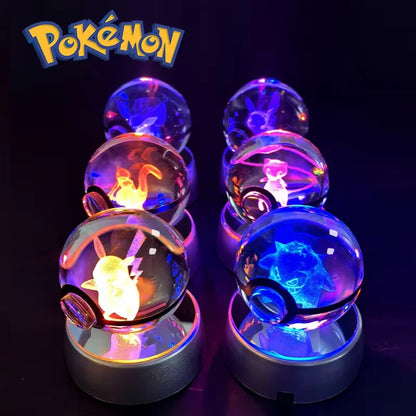 Pokemon Crystal Ball 3D Pikachu Anime Gengar Mew Mewtwo Lamp Base Pokeball Crystal Pokemon Glass Ball Figure Led Night Light