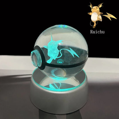 Pokemon Crystal Ball 3D Pikachu Anime Gengar Mew Mewtwo Lamp Base Pokeball Crystal Pokemon Glass Ball Figure Led Night Light
