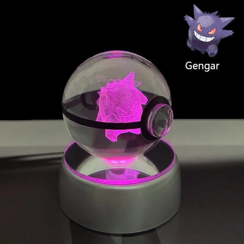 Pokemon Crystal Ball 3D Pikachu Anime Gengar Mew Mewtwo Lamp Base Pokeball Crystal Pokemon Glass Ball Figure Led Night Light