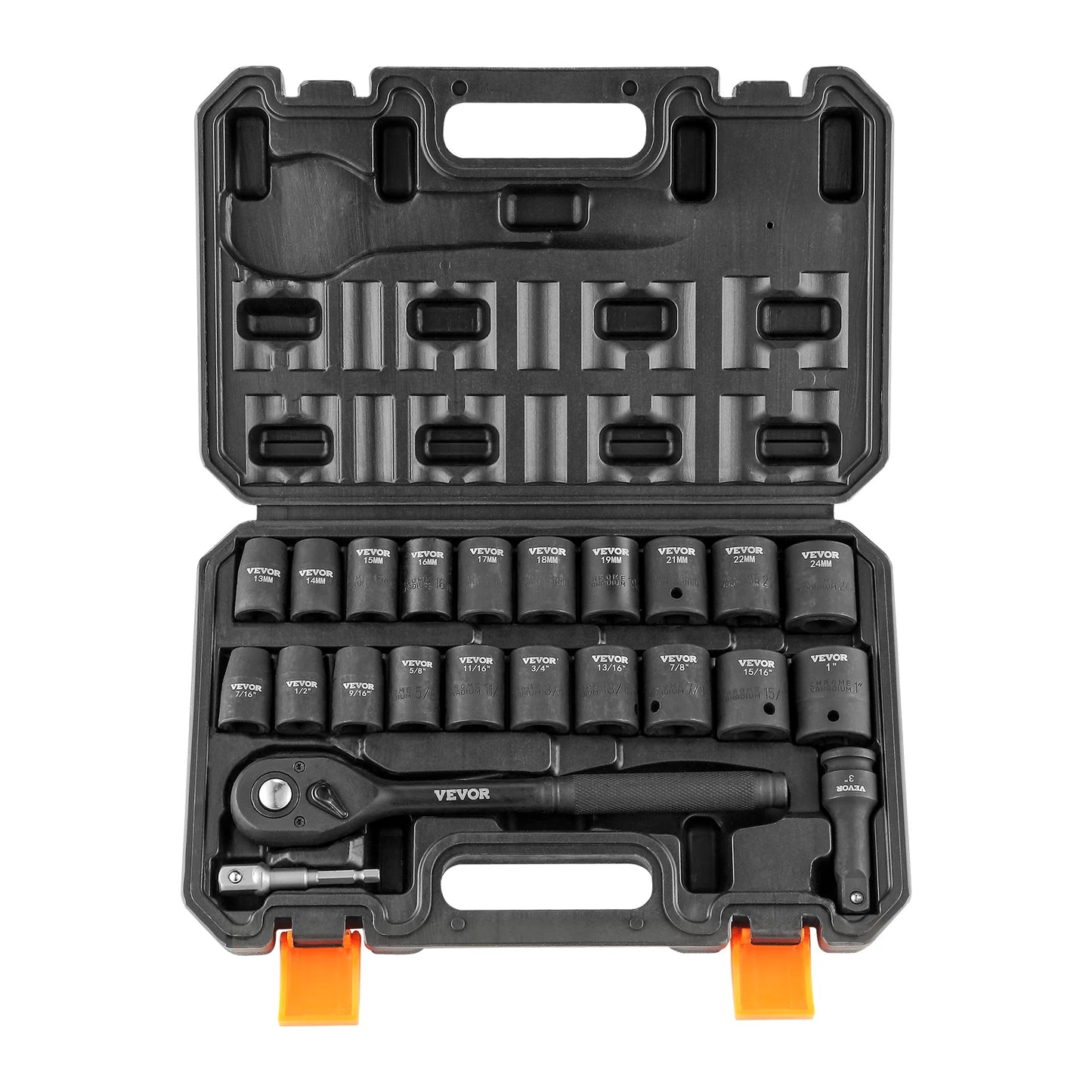 VEVOR 23PCs 1/2" Drive Impact Socket Set Socket Set SAE (7/16" -1")& Metric (13-24mm) 6 Point Cr-V Alloy Steel Auto Repair