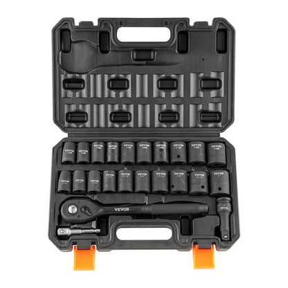 VEVOR 23PCs 1/2" Drive Impact Socket Set Socket Set SAE (7/16" -1")& Metric (13-24mm) 6 Point Cr-V Alloy Steel Auto Repair