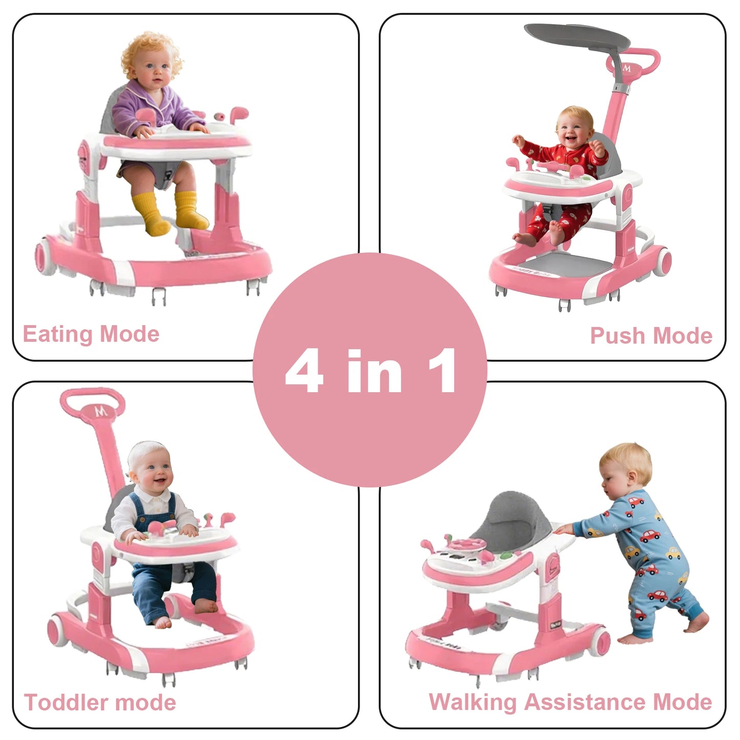 New 4 In 1 Baby Infant Walker Toddler Baby Push Walker Removable Feeding Tray And Music Tray Foldable Walker Child Handcart