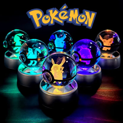 Pokemon Crystal Ball 3D Pikachu Anime Gengar Mew Mewtwo Lamp Base Pokeball Crystal Pokemon Glass Ball Figure Led Night Light