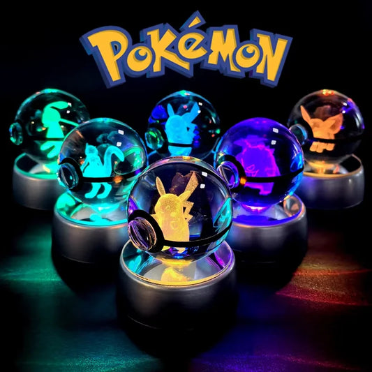 Pokemon Crystal Ball 3D Pikachu Anime Gengar Mew Mewtwo Lamp Base Pokeball Crystal Pokemon Glass Ball Figure Led Night Light