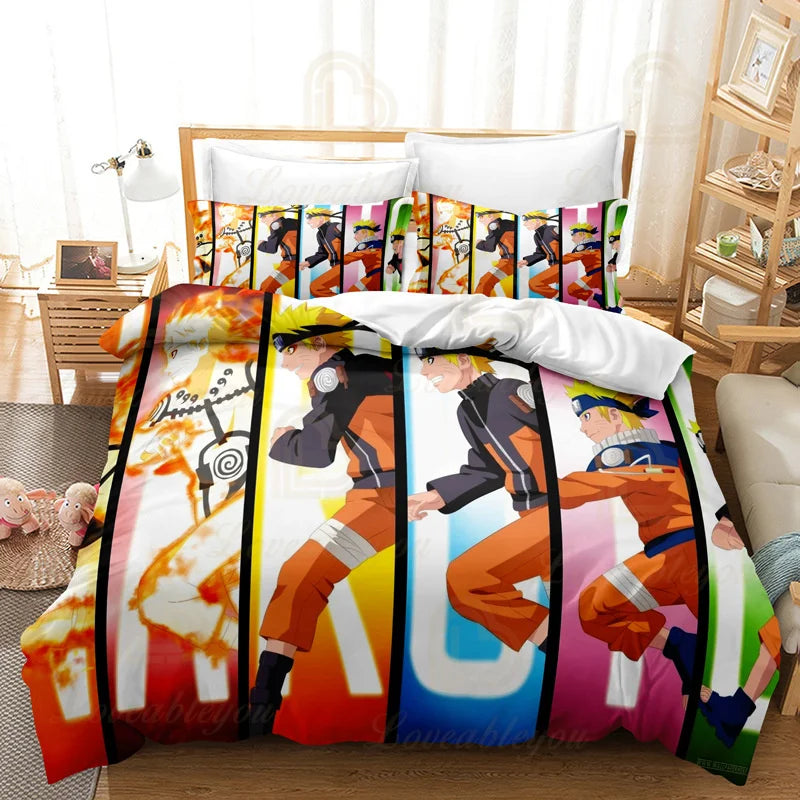 3PCS Naru Obito Kakashi Ninja Kids Bedding Set - Duvet Cover Quilt & Pillowcase - Double Size Ninja Bedroom Bed Linen Decoration