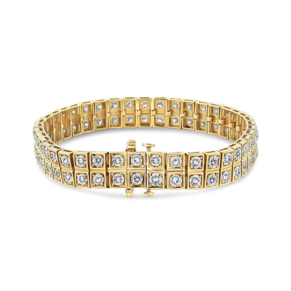 Tennisarmband aus 14 Karat Gelbgold, 8,00 Karat, mit Krappenfassung und runden Diamanten im Art-Deco-Stil, zweireihig, mit quadratischem Rahmen (Farbe JK, Reinheit I1-I2), Größe 7,25 Zoll