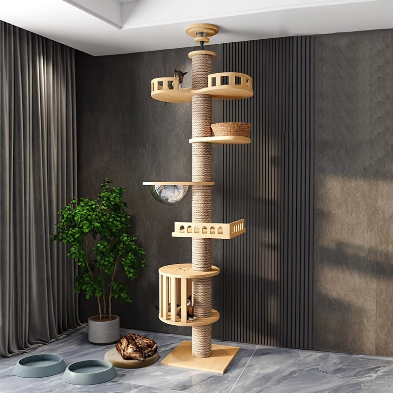 1pc Cat Tree Tower with Multiple Platforms, Scratching Posts & Perches - Sturdy Wooden Frame, Easy Assembly, Space-Saving Indoor Cat Furniture for Climbing, Resting & Play, Cat Climbing Tower, Modern Pet Decor, Natural Look D