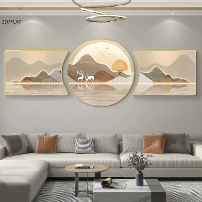2D Flat 2D/FLAT 3pcs High-End Crystal Porcelain, New Chinese-Style Luxury Sofa Background Wall Decoration, Landscape And Deer Combination Set, Exuding a Sense of Sophistication, Enhancing The Home Atmosphere.