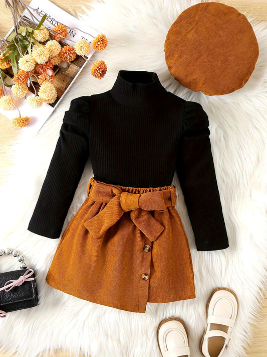 Young Girl's High-Neck Striped T-Shirt, Corduroy Belted Skirt, and Hat 3pcs Set for Autumn/Winter