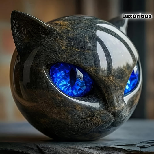 A Luxurious Black Cat Stone Sculpture - an Elegant Handcrafted Resin Figure with Glowing Blue Eyes, Marble-Like Texture, And a Shiny Black Surface, Featuring a Delicate Cat Face And Ears - No Electricity Required, Perfect for
