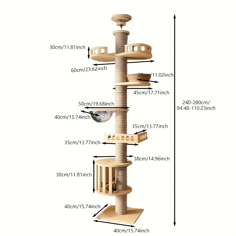 1pc Cat Tree Tower with Multiple Platforms, Scratching Posts & Perches - Sturdy Wooden Frame, Easy Assembly, Space-Saving Indoor Cat Furniture for Climbing, Resting & Play, Cat Climbing Tower, Modern Pet Decor, Natural Look D