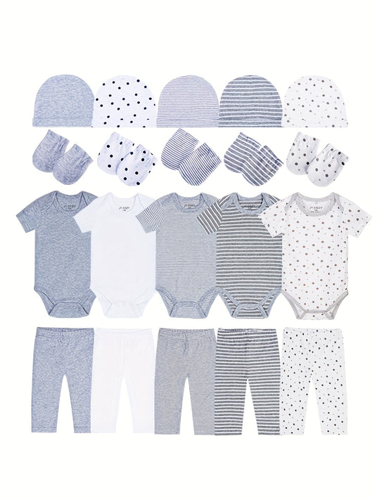 20pcs Newborn Baby Boy Clothing Set, 5 Rompers + 5 Pants + 5 Hats + 5 Pairs of Mittens, Perfect for Outdoor