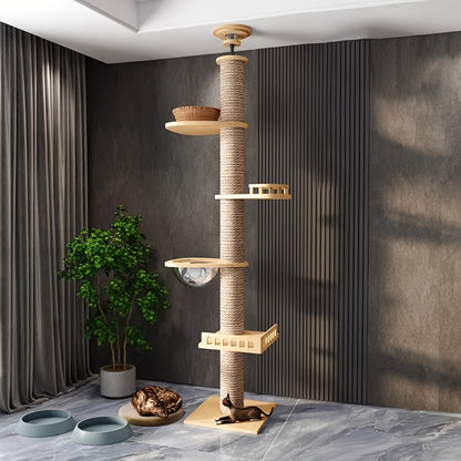 1pc Cat Tree Tower with Multiple Platforms, Scratching Posts & Perches - Sturdy Wooden Frame, Easy Assembly, Space-Saving Indoor Cat Furniture for Climbing, Resting & Play, Cat Climbing Tower, Modern Pet Decor, Natural Look D