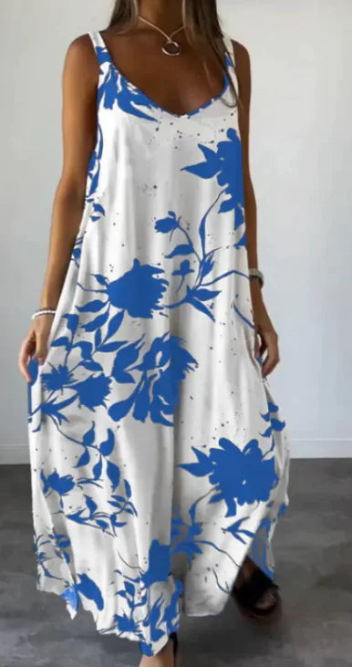 2024 Sommer bedrucktes rückenfreies Sling-Kleid mit V-Ausschnitt