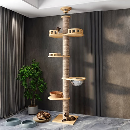 1pc Cat Tree Tower with Multiple Platforms, Scratching Posts & Perches - Sturdy Wooden Frame, Easy Assembly, Space-Saving Indoor Cat Furniture for Climbing, Resting & Play, Cat Climbing Tower, Modern Pet Decor, Natural Look D