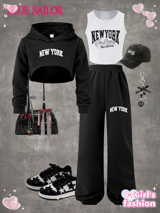 P7967(G18) 3pcs NEW YORK Girls' Long-Sleeve Hooded Cropped Sweatshirt, Tank Top, And Long Pants Casual Fashion Sports Outdoor Set, for Outdoor