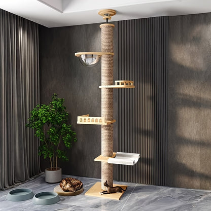 1pc Cat Tree Tower with Multiple Platforms, Scratching Posts & Perches - Sturdy Wooden Frame, Easy Assembly, Space-Saving Indoor Cat Furniture for Climbing, Resting & Play, Cat Climbing Tower, Modern Pet Decor, Natural Look D