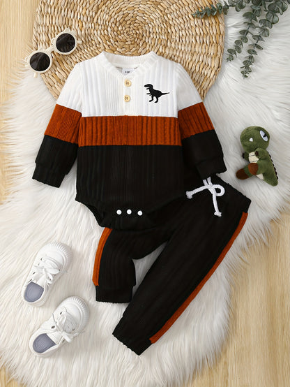 2pcs Cute Baby Boy Outfit Set with Dinosaur & Star Design - Long Sleeve Sweatshirt & Matching Pants, Fall & Winter Casual Clothing, Soft Fabric, No Belt, Autumn Winter Clothing | Star Dinosaur Print | Texture, Baby Clothes, f