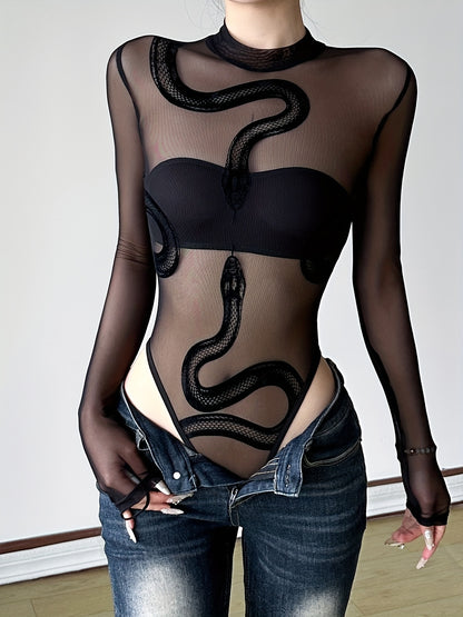 Snake Print Mesh Bodysuit