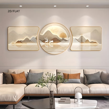 2D Flat 2D/FLAT 3pcs High-End Crystal Porcelain, New Chinese-Style Luxury Sofa Background Wall Decoration, Landscape And Deer Combination Set, Exuding a Sense of Sophistication, Enhancing The Home Atmosphere.