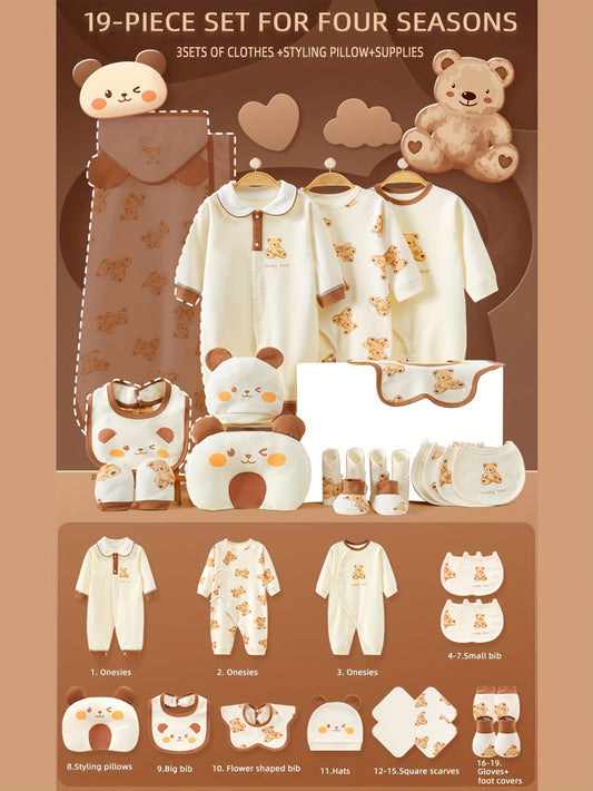 19pcs-Newborn Baby Girl Newborn Clothes - Baby Jumpsuit Daily Necessities Set -3pcs Jumpsuit - Hat - Bib - Pillow - Hand And Foot Cover - Bib - Baby Full Moon Four Season Set - Baby Gift - Newborn Essentials, Perfect for Outd