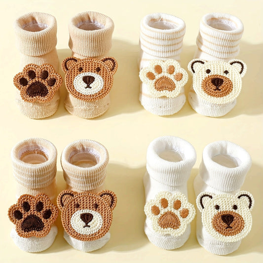 4-Pack Baby Bear Design Non-Slip Mid-Calf Socks - Soft Polyester All-Season Warmth, Hand Wash Only Infant Floor Socks for Newborns & Infants, Newborn Socks, Baby Warmth Essentials, Crochet Texture