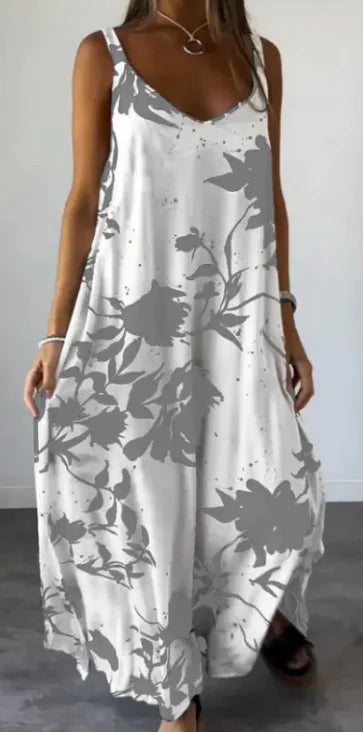 2024 Sommer bedrucktes rückenfreies Sling-Kleid mit V-Ausschnitt